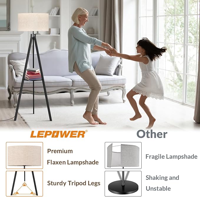 LEPOWER Tripod Floor Lamp, Mid Century Wood Standing Lamp, Modern Design Shelf Floor Lamp for Living Room, Bedroom, Office, Flaxen Lamp Shade with E26 Lamp Base Black