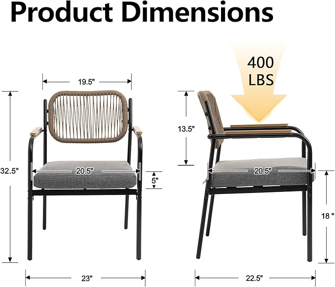 Outdoor Dining Chairs Set of 6, Wicker Patio Dining Chairs with Removable Cushions, Rectangle Patio Table Chair, All Weather Outdoor Chairs, Metal Lawn Chair for Adults/Indoor/Balcony, Gray