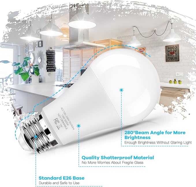 LED Light Bulbs 100 Watt Equivalent 1500 lumens, A19 5000K Daylight White Non-Dimmable, Super Bright No Flicker E26 Standard Base, 13W Lightbulb for Bedroom, Living Room, Office Lighting, 24 Packs