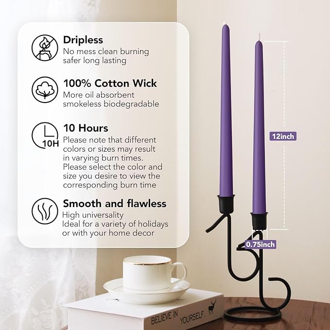 New Burning Formula Unscented Dripless 12-Inch Taper Candles Set of 12 - Purple, for Wedding, Dinner - Smokeless, Long Burning - Hand Poured, Colored Tall Candlesticks - Púrpura