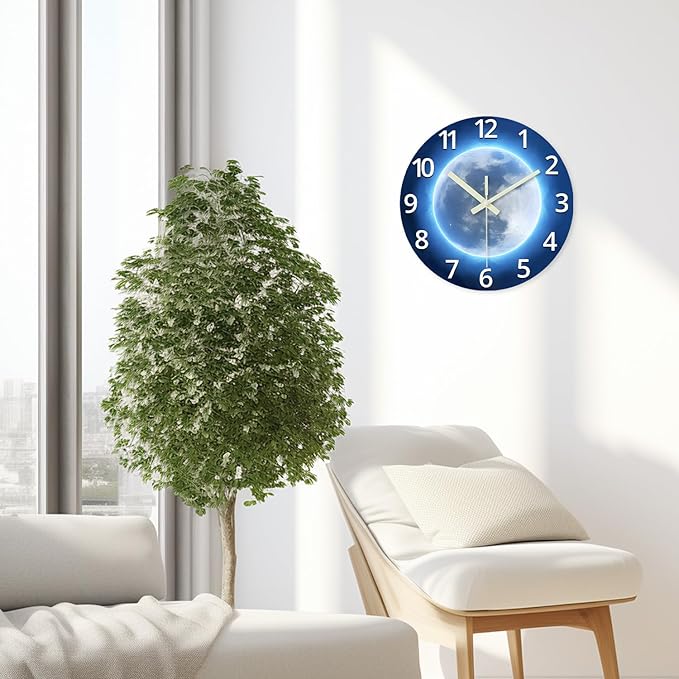 14 Inch Lighted Wall Clocks Battery Operated Blue Glow in The Dark Wall Clock for Kids Bedroom Silent Wall Clock Decorative