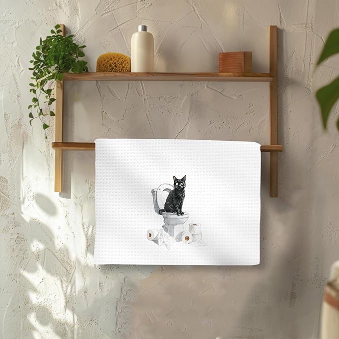Funny Black Cat Bathroom Hand Towels, Gifts for Black Cat Owners Lovers Women Men, Cute Kitten Kitty Pet Decor for Bathrooms, Funny Pet Lovers Toilet Hand Towels for Bathroom Washroom,16x24In