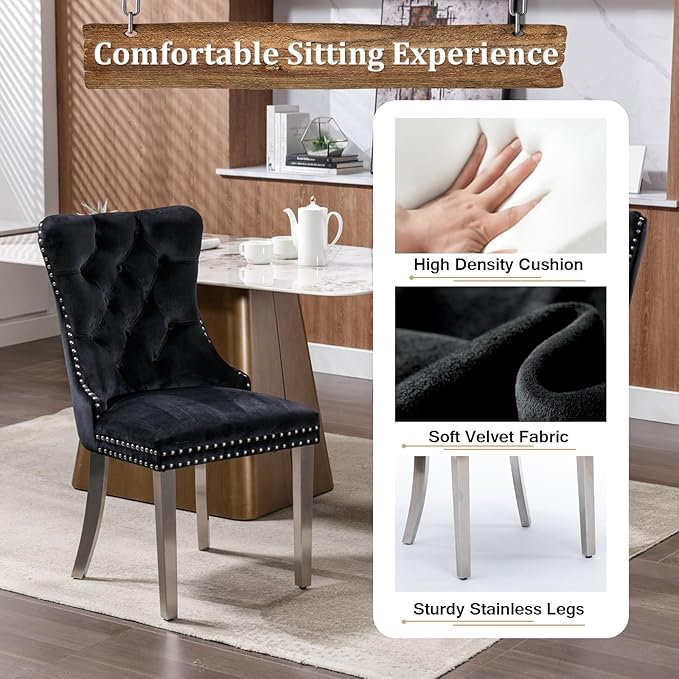 Goujxcy Glass Dining Table Set for 6, Modern Kitchen Table and Chairs Set of 6, 7-Piece Kitchen Dining Room Table Set w/51 Glass Metal Dining Table and 6 Black Velvet Upholstered Chairs