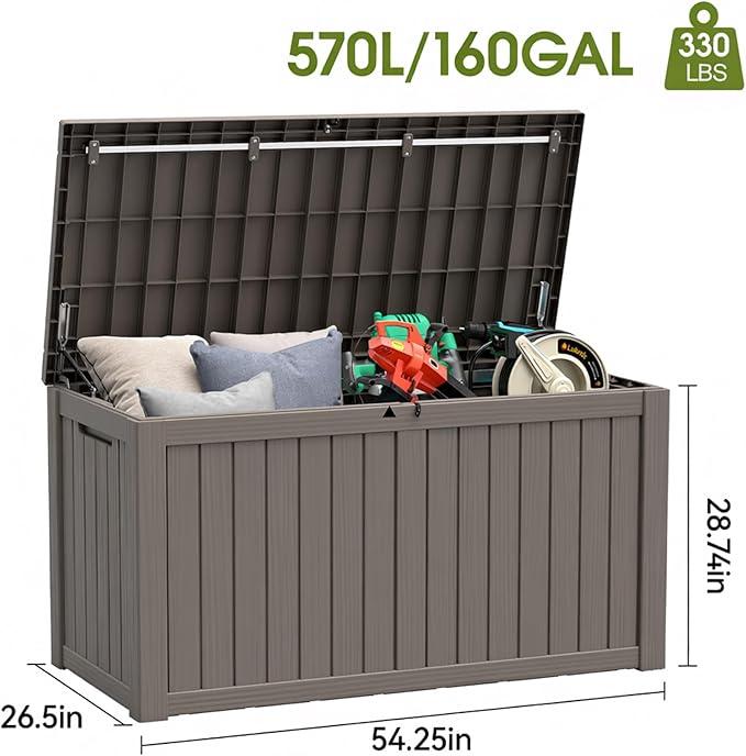 Outdoor Storage Box, Resin Deck Boxes Indoor and outdoor, Waterproof Storage Box Lockable Lid (Grey, 160 Gallon)