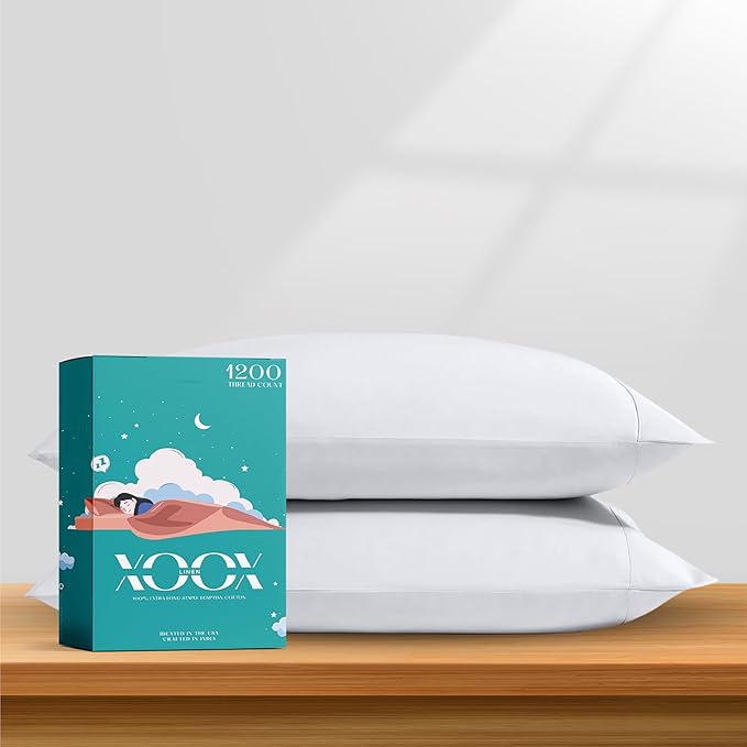 XOOX Linen 100% Egyptian Cotton Pillow Cases King Size Set of 2 - Luxury 1200 Thread Count Sateen White Pillow Covers, Soft & Breathable 5 Star Hotel-Quality Pillowcases, Fits King Size Pillows