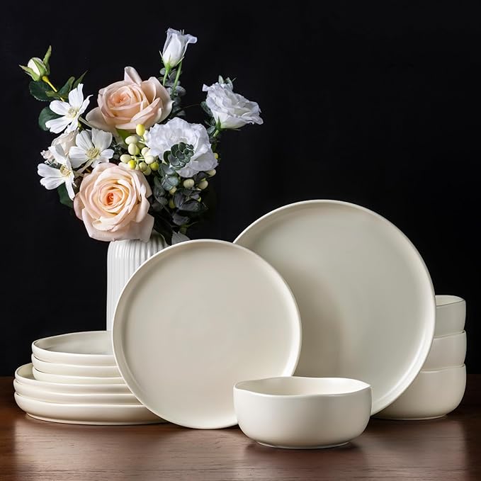 AmorArc Ceramic Dinnerware Sets, Wavy Rim StonewarePlates and Bowls Sets, Highly Chip and Crack Resistant | Dishwasher & Microwave & Oven Safe Dishes set, Service for 8 (24pc)
