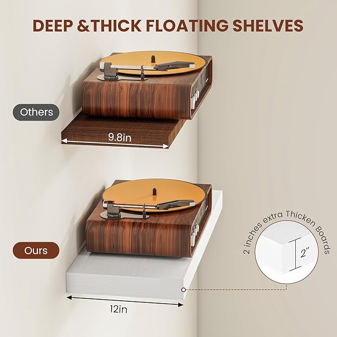 Vivelove 2" Thick Floating Shelves, 47.2 Inch X 12 Deep Shelves for Room Wall Mounted, Floating Shelf for Living Room Bedroom Bathroom Kitchen Laundry Room, Set of 2 White