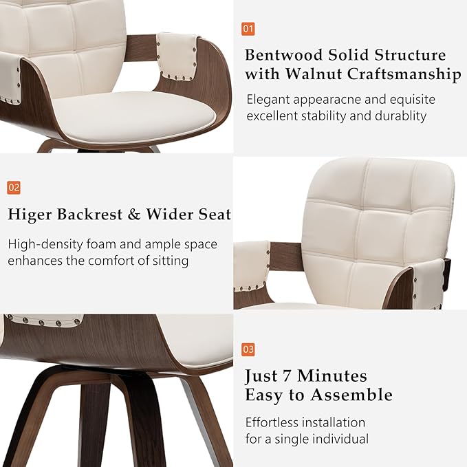 Set of 2 Swivel Dining Chairs - Mid Century Modern Dining Chairs with Arms and Curved Back, Faux Leather Bentwood, Versatile for Living Room/Reception/Conference Room/Kitchen/Desk (Walnut Beige)