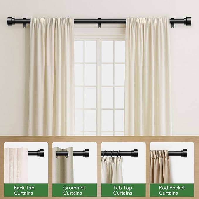 Time Forest Curtain Rods for Windows 32 to 170, 1 Inch Adjustable Black Heavy Duty Long Window Outdoor Curtain Rod for Patio, Modern Drapery Rods with Simple End Caps, Size 32"-170"