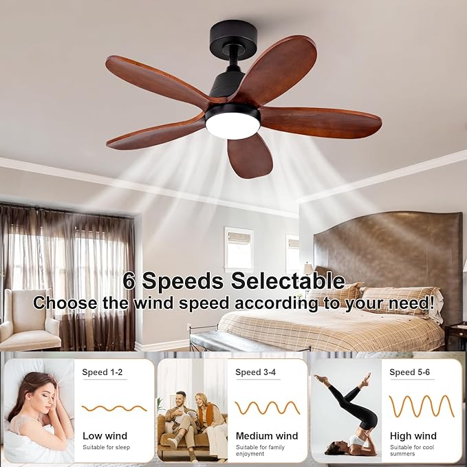 36 Inch Wood Ceiling Fans with Lights and Remote, Modern Ceiling Fan with Light, 5 Blades, Dimmable, Wall Switch, Reversible DC Motor, Memory Function, Indoor Outdoor for Bedroom Patio