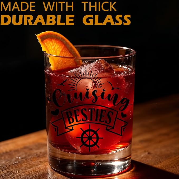 Cruise Lovers Gifts Old Fashioned Whiskey Glasses, Cruising Gifts for BFF Bestie, Cruising Besties 10 oz Rocks Barware Cup for Cocktail Drinks Scotch Bourbon Liquor
