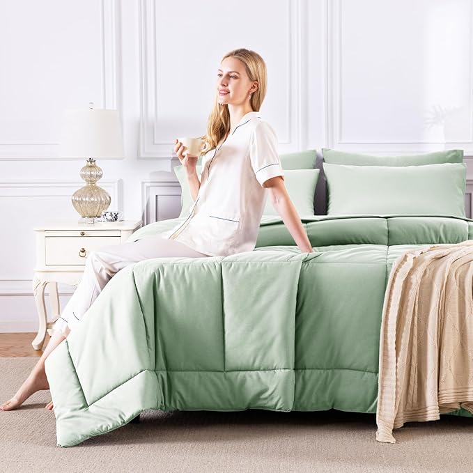 CozyLux Twin Comforter Set with Sheets Sage Green, 5 Pieces Bed in a Bag, Green Comforter Twin Size, All Season Bedding Set with Stitch Quilted Comforter, Flat Sheet, Fitted Sheet, Pillowcases