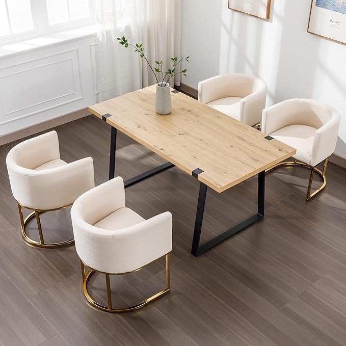 Linen Fabric Dining Chairs Set of 4 Modern Barrel Arm Chairs with Golden Frame, Upholstered Kitchen Chairs 18.5" Wide Accent Chairs for Living Room Dining Room Restaurant, Cream