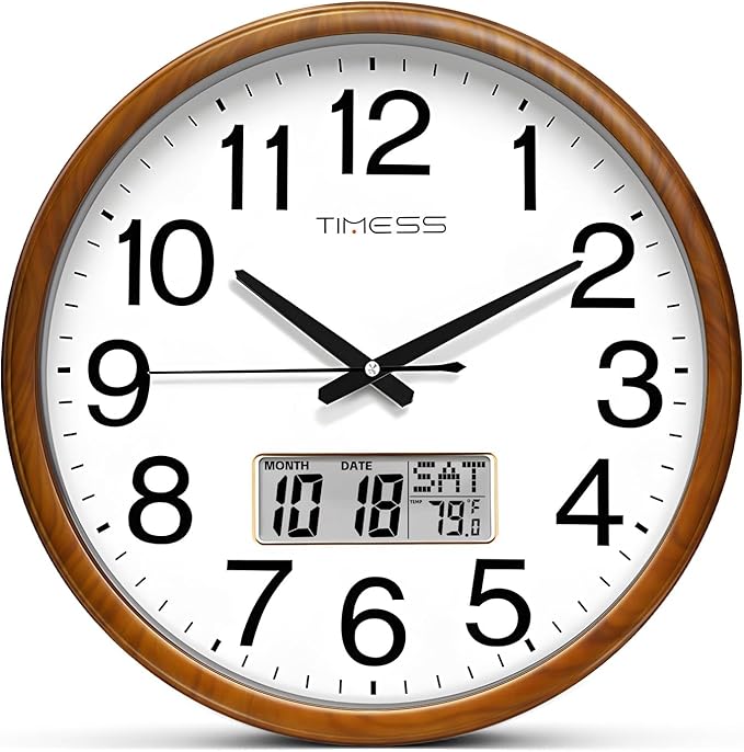 Wall Clock, Classic Wood Style Finish, 16 Inch Non-Ticking Silent Battery Operated Quartz Analog with Perpetual Calendar and F° Temperature Display, Home, Office Décor (Wood Yellow)