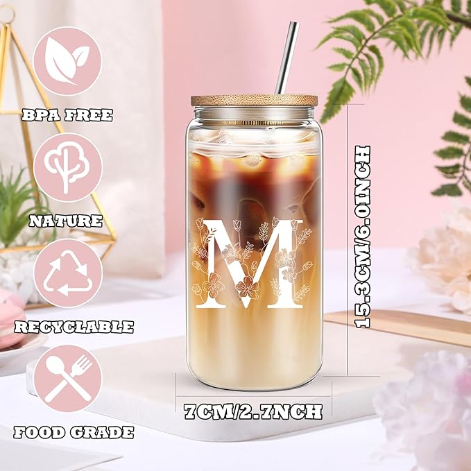 Unique Initial Glass Cup with Lids and Straws, Monogrammed Gifts Box Included Makeup Bag, Christmas Birthday Gifts for Women Mom Sister Grandma, M