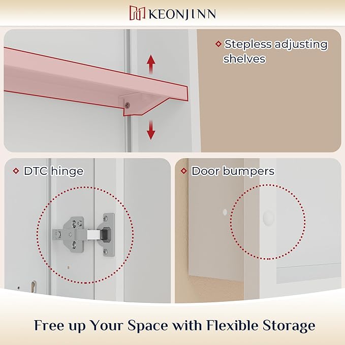 Keonjinn 20" x 26" White Medicine Cabinets for Bathroom with Mirror, Recessed or Surface Wall-Mounted Aluminum Alloy Framed Beveled Mirror, Single Door Farmhouse Bathroom Mirror with Storage Cabinet