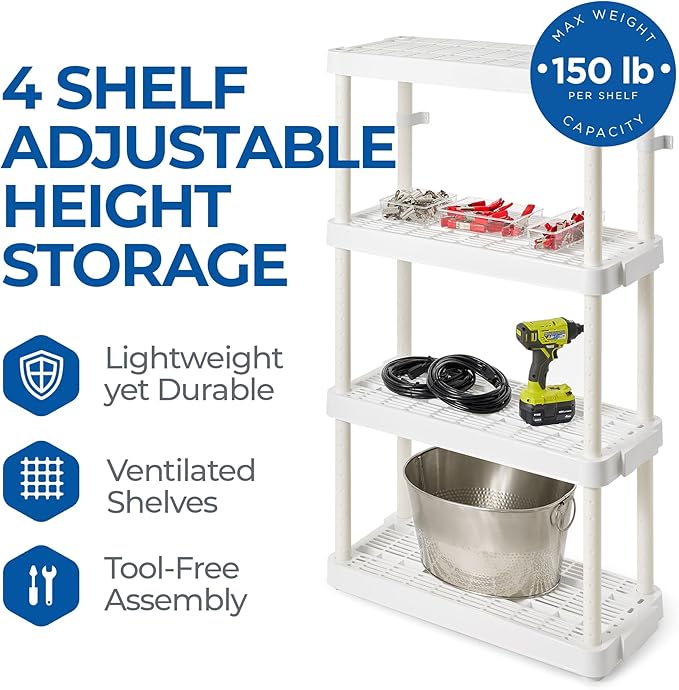 Gracious Living 4 Shelf Adjustable Height Medium Duty Storage Unit 14 x 32 x 54.5 Organizer for Home, Garage, Basement, & Laundry, White (3 Pack)