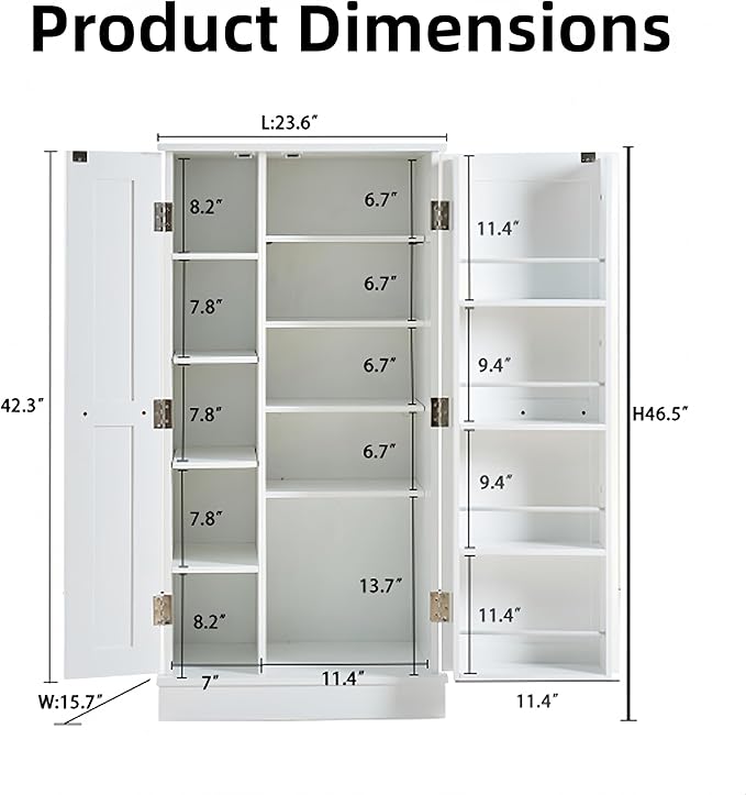 Kitchen Pantry Storage Cabinet, 47inch Freestanding Pantry Cabinet with Doors and Adjustable Shelves, Small Food Storage Cupboard for Dining Room, White