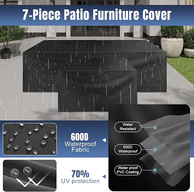 Aoxun 7 Pieces Patio Furniture Set with 44” Fire Pit Table Wicker Rattan Outdoor Sectional Conversation Set with Coffee Table and 4” Thickened Cushions, Blue(Waterproof Cover Included)