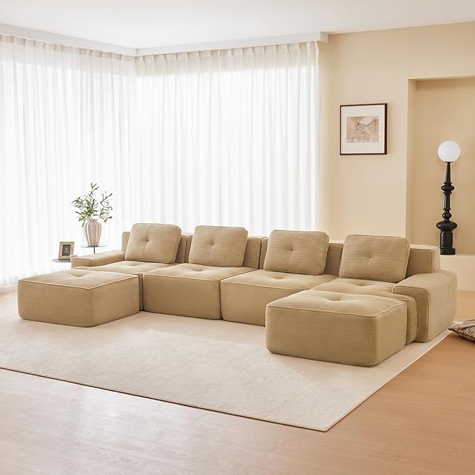 150" Modern Compressed Boneless Couch with Ottoman, 4 Seater Large U Shaped Sectional Couches for Living Room, Camel Corduroy Cloud Modular Sectional Sofa, Memory Foam, Extra Deep, No Assembly
