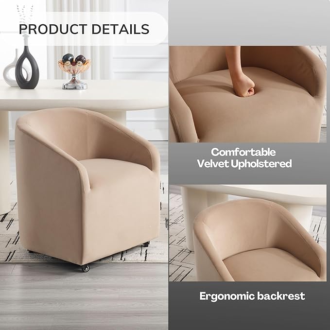 Khaki Barrel Dining Room Chairs with Swivel Casters Set of 2 Velvet Upholstered Modern Dining Chairs with Arms Back Accent Side Chairs for Living Reading Room Kitchen Bedroom