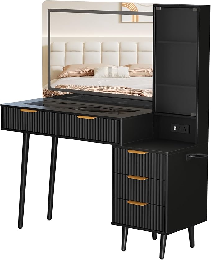GarveeHome Fluted Makeup Vanity Desk with Lights, 48" Big Vanity with Glass Top and Large 36" HD Lighted Mirror, Modern Dressing Table with 5 Drawers 3-Tier Shelves Set w/Charging Station (Dark Grey)