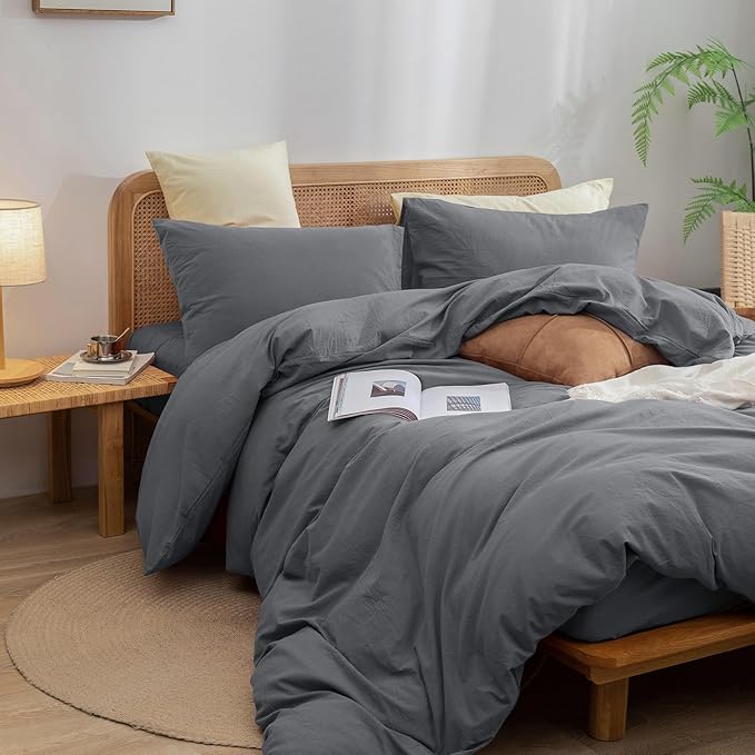BESTOUCH Duvet Cover Set 100% Washed Cotton Linen Feel Super Soft Comfortable Chic Lightweight 3 PCs Home Bedding Set Solid Quiet Shade Grey Super Queen