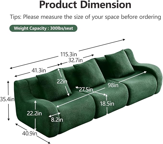 Green 3-Seater Cloud Couch, Modern Teddy Fabric Boneless Sectional Sofa in a Box for Living Room, Modular Floor Couch, Deep Seat, No Assembly Required, Sofas para Sala