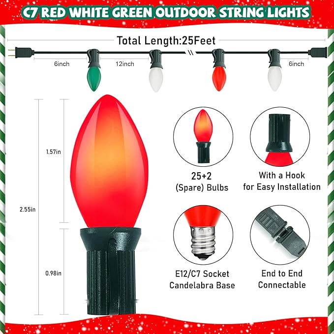 C7 LED Christmas String Lights,25ft LED Outdoor Christmas Light with 27 Red＆Green Bulb(2 Spare),Connectable Red and Green String Lights for Tree Yard Garden Porch Party Decor