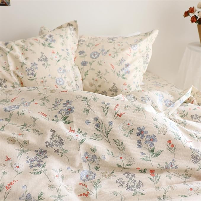 EAVD Cottagecore Floral Comforter Set Queen Size Bed Chic Shabby Floral Print Bedding Comforter Set with 2 Pillowcases Garden Style Reversible Botanical Comforter Set for All-Season