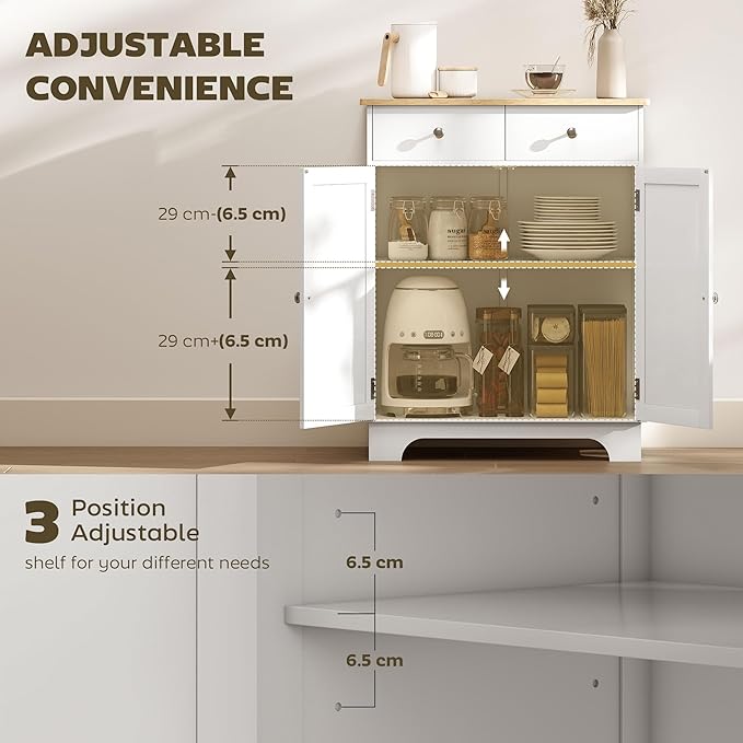 HOMCOM Sideboard Buffet Cabinet with Solid Wood Countertop, Modern Kitchen Storage Cabinet, Coffee Bar Cabinet with 2 Drawers, Doors and Adjustable Shelf, White