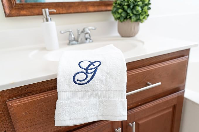 White Monogrammed Hand Towels for Bathroom - Luxury Hotel Quality Personalized Initial Embroidered Towel for Powder Room, Spa - GOTS Organic Certified - Set of 2 Navy Letter G