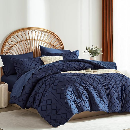 Navy Blue Tufted Comforter Set King Size 7 Piece Bed in a Bag,Shabby Chic Boho Comforter and Sheet Set,All Season Soft Microfiber Complete Bedding Set(Navy Blue,102"x90")
