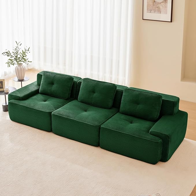 115" Modern Compressed Boneless Couch, 3 Seater Sectional Couches for Living Room, Green Corduroy Cloud Modular Sectional Sofa, Comfy Memory Foam, Extra Deep, Sofas para Sala, No Assembly