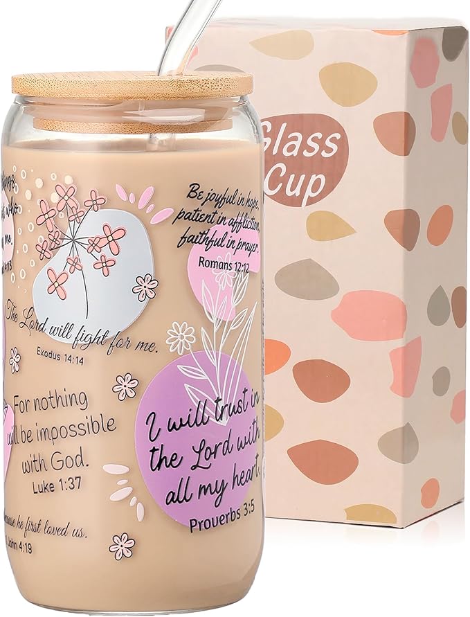16oz Bible Verse Coffee Mug for Women – Christmas Christian Gifts, Daily Bible Affirmations Glass Tumbler with Straw – Inspirational Religious Coffee Cup for Birthday, Mother’s Day, or Faith Lovers