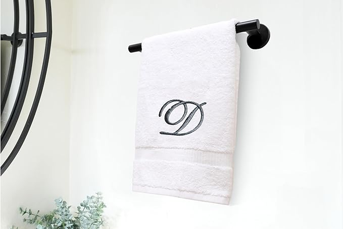 White Monogrammed Hand Towels for Bathroom - Luxury Hotel Quality Personalized Initial Embroidered Towel for Powder Room, Spa - GOTS Organic Certified - Set of 2 Dark Gray Letter D