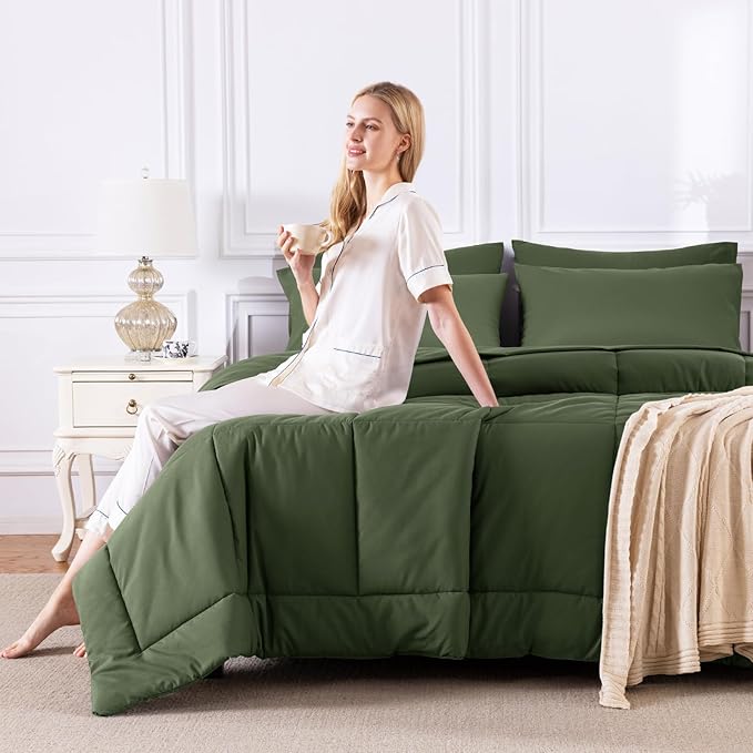 CozyLux Queen Comforter Set Olive Green, 7 Pieces Bed in a Bag, Green Comforter Queen Size, All Season Bedding Sets with Stitch Quilted Comforter, Flat Sheet, Fitted Sheet, Pillowcases
