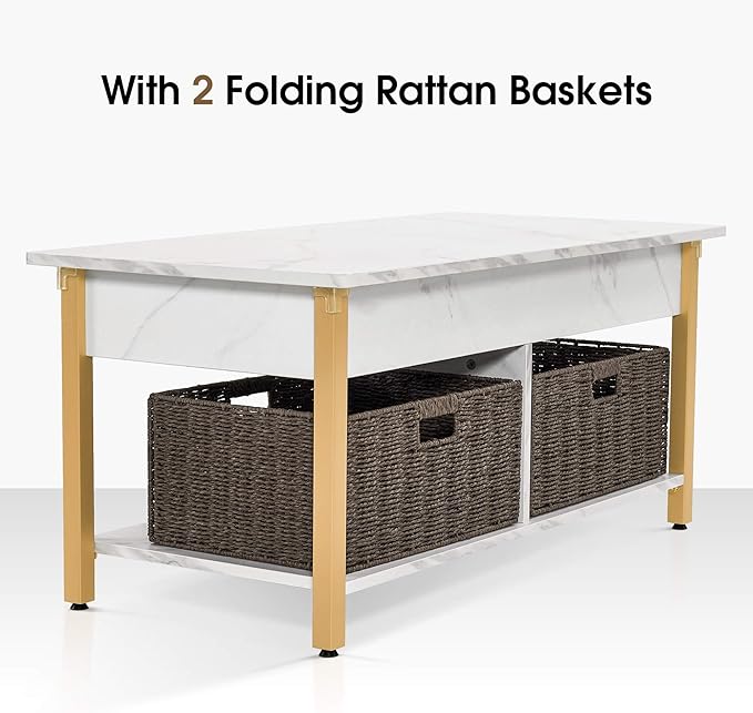 ivinta Lift Top Coffee Table with Storage, Modern Recangular Center Table with Wheels and 2 Rattan Folding Baskets, Rising Tabletop with Hidden Compartment for Living Room, 2177 (41.3", White)