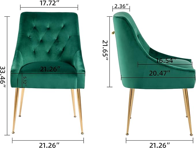 Modern Dining Chair Set of 2, Mid-Century Room Chair, Upholstered Comfortable Velvet with Back Pull Rod and Metal Legs for Kitchen, Dining, Living (Green), (DYXSD)