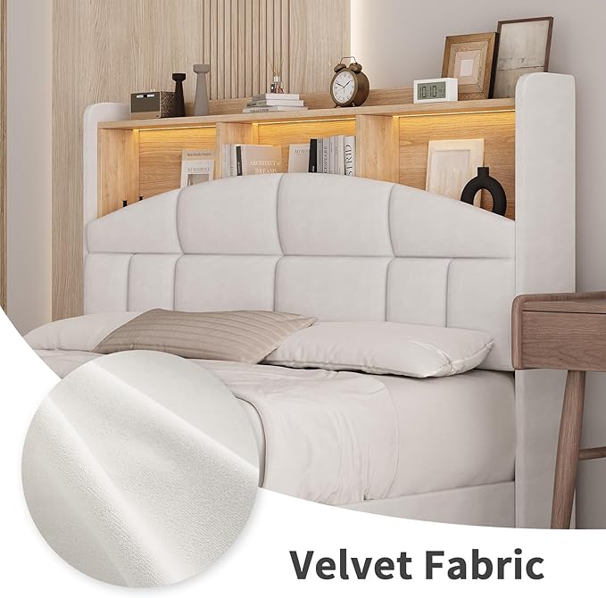 Full Size Bed Frame with Headboard, Velvet Upholstered Bed Frame with LED Lights, Full Size Platform Bed with Wooden Slats Support, No Box Spring Needed, No Noise, Beige