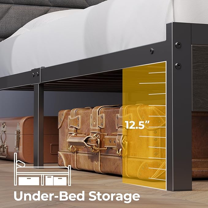 Seventable Bed Frame Full Size with Charging Station, LED Bed with Upholstered Storage Headboard, Metal Platform Bed with Under Bed Storage, No Box Spring Needed, Noise Free, Easy Assembly, Grey