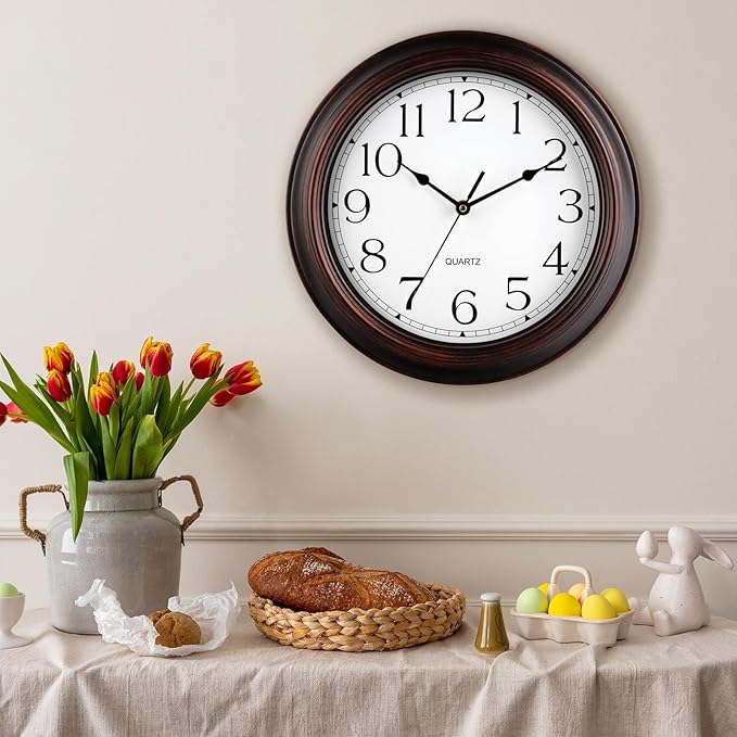 12 Inch Wall Clocks Battery Operated Silent Non-Ticking Wall Clock Vintage Retro Rustic Style Decorative for Living Room Kitchen (Bronze)