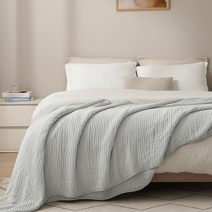 PHF Cooling Muslin Blanket Queen Size 90"x80", 6-Layer Lightweight Gauze Blanket Made from 35% Rayon Derived from Bamboo & 65% Cotton, Breathable & Ultra Soft Cozy, Aesthetic Home Decor, Harbor Mist