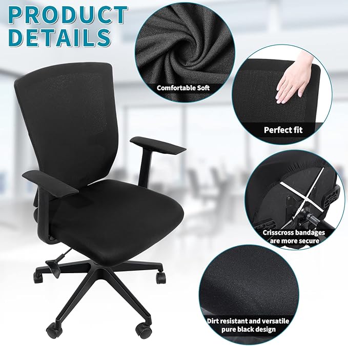 Tatuo Computer Chair Cover Office Seat Cover with Armrest and Backrest, Stretchable Desk Elastic Protective Universal Rotating Chair Protecter (Black,1 Set)