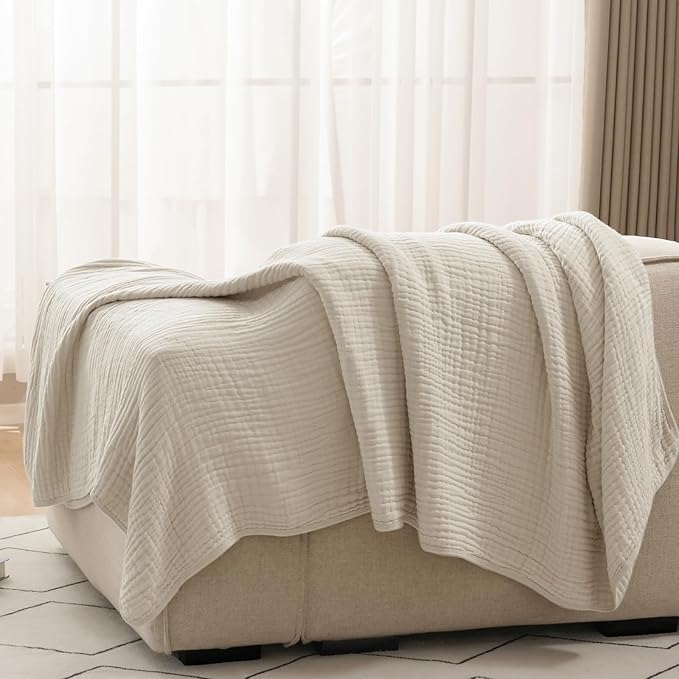 PHF Cooling Muslin Blanket King Size 104"x80", 6-Layer Lightweight Gauze Blanket Made from 35% Rayon Derived from Bamboo & 65% Cotton, Breathable & Ultra Soft Cozy, Aesthetic Home Decor, French Oak
