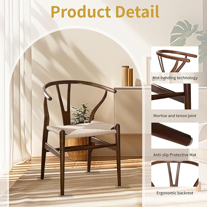 Wishbone Chair Natural Solid Wood Dining Chair/Hans Vegner Y Chair Rattan and Wood Accent Armrest Chairs Set of 1 (Ash Wood - Walnut)