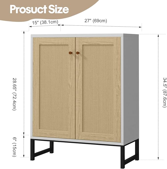 Panana Rattan Decorated 2 Doors Storage Cabinet Accent Cabinet Living Room Cupboard Kitchen Sideboard Buffet Table (White)