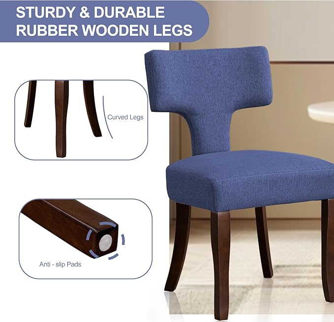 Mid Century Modern Dining Chairs Set of 4, Upholstered Side Dining Chairs with Curved Back Linen Fabric Armless Wood Chairs Kitchen & Dining Room Farmhouse Chairs (Blue)