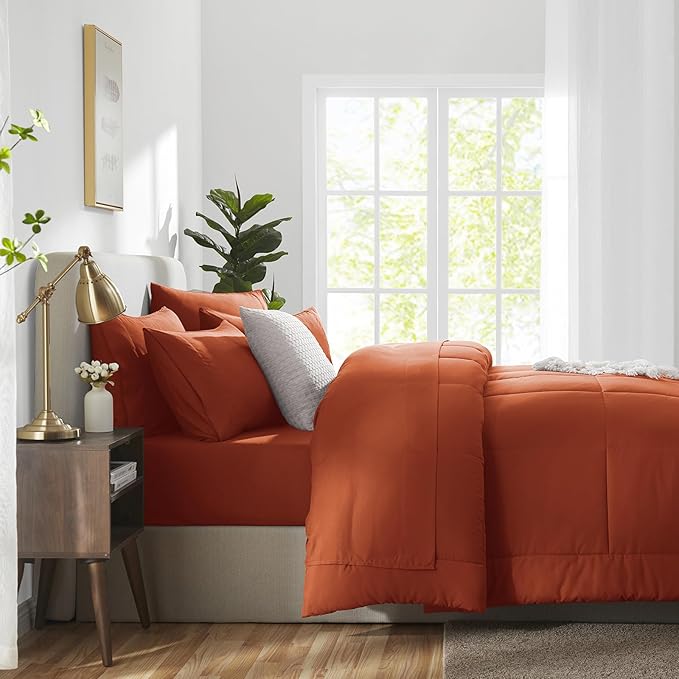 CozyLux King Size Comforter Set Terracotta, 7 Pieces Bed in a Bag, Burnt Orange Fall Comforter King Size, All Season Bedding Sets with Stitch Quilted Comforter, Flat Sheet, Fitted Sheet, Pillowcases