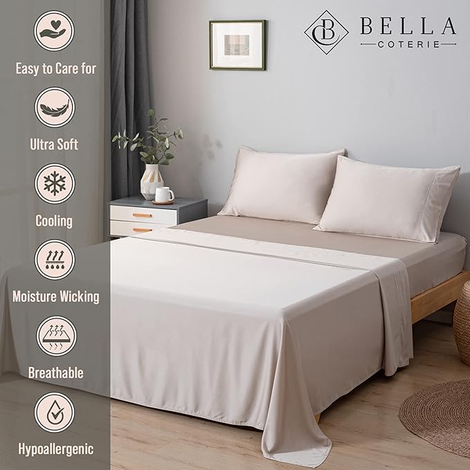 Bella Coterie Luxury Bamboo Viscose Split King Size Sheet Set | 2 Fitted Sheets for Sleep Number & Adjustable Beds | 100% Organically Grown | Cooling & Ultra Soft | 18” Deep Pocket [Dune]